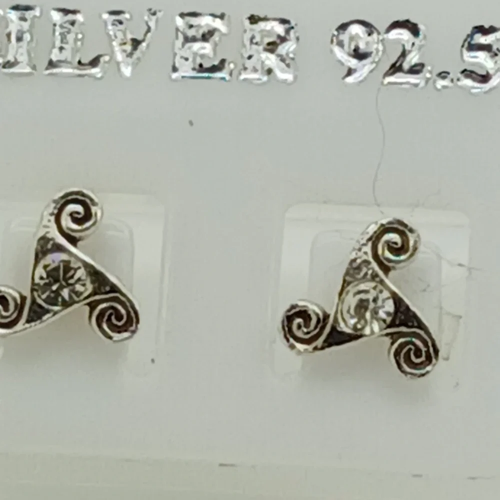 Sterling Silver 925 Celtic Triskelion Stud Earrings Crystal Triple‎ Spiral